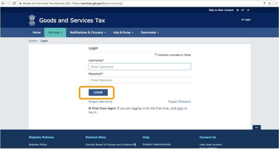 GST portal Login Page