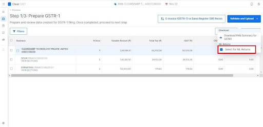 Select ‘Nil returns’ option on the dashboard