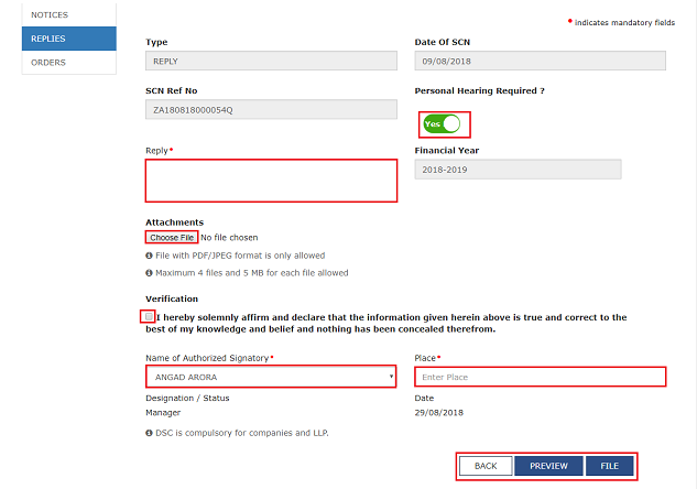 click reply on the page showing notice details
