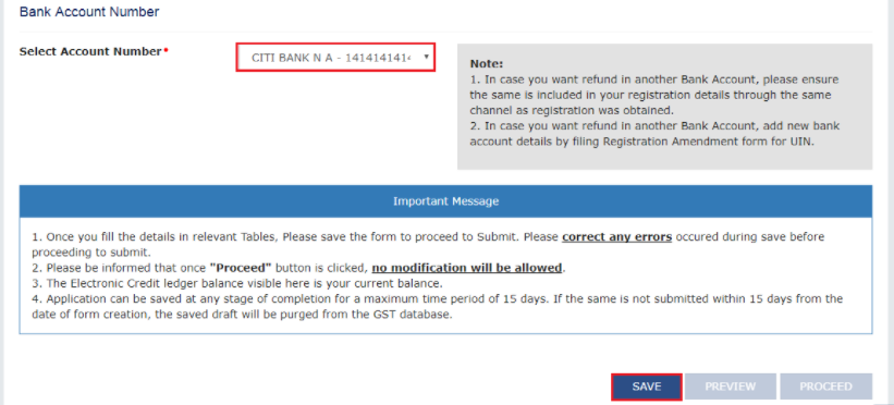 gst refund select bank account number