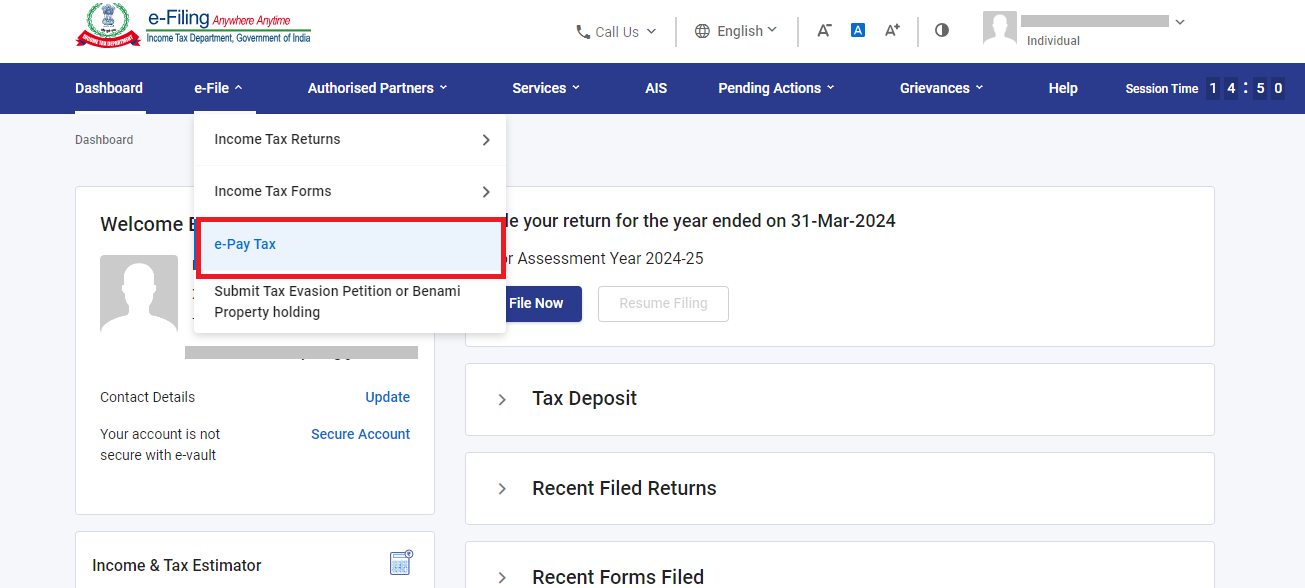 e-file is directed to e-pay