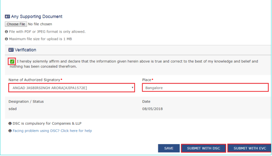 verification select the authorised signatory and place
