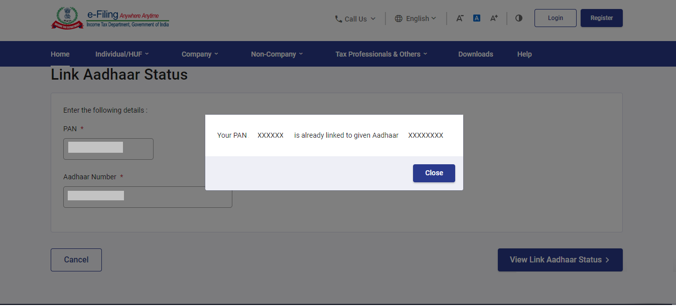 Aadhaar PAN link status
