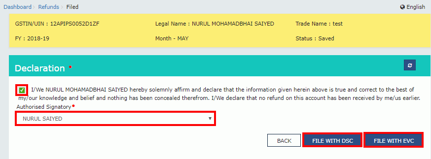 gst refund file RFD-01 using EVC or DSC
