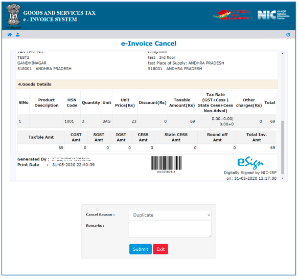 select reason for cancellation of e-invoice
