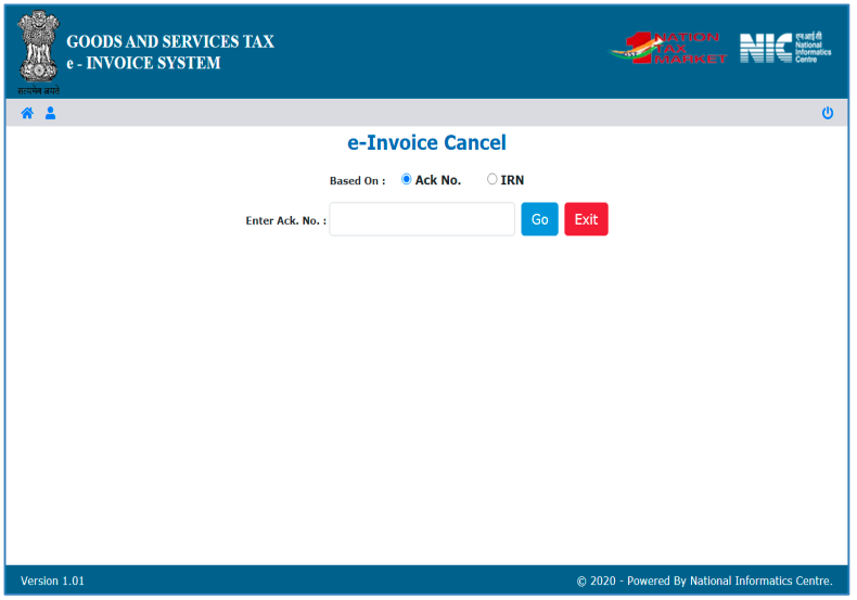enter acknowledgement number or IRN to cancel e-invoice