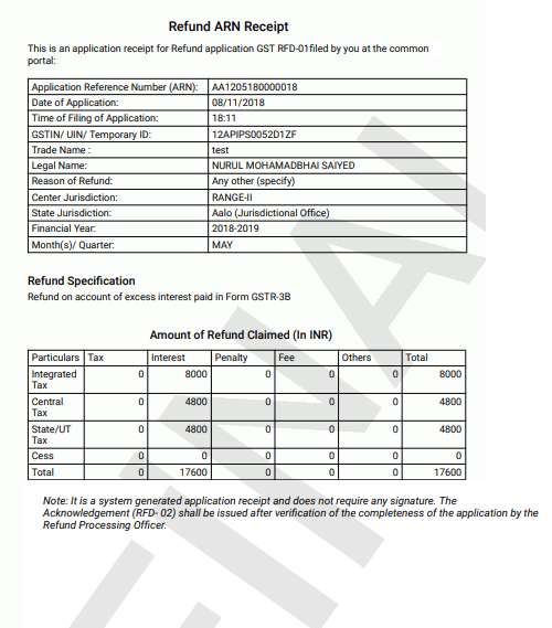 gst refund ARN receipt